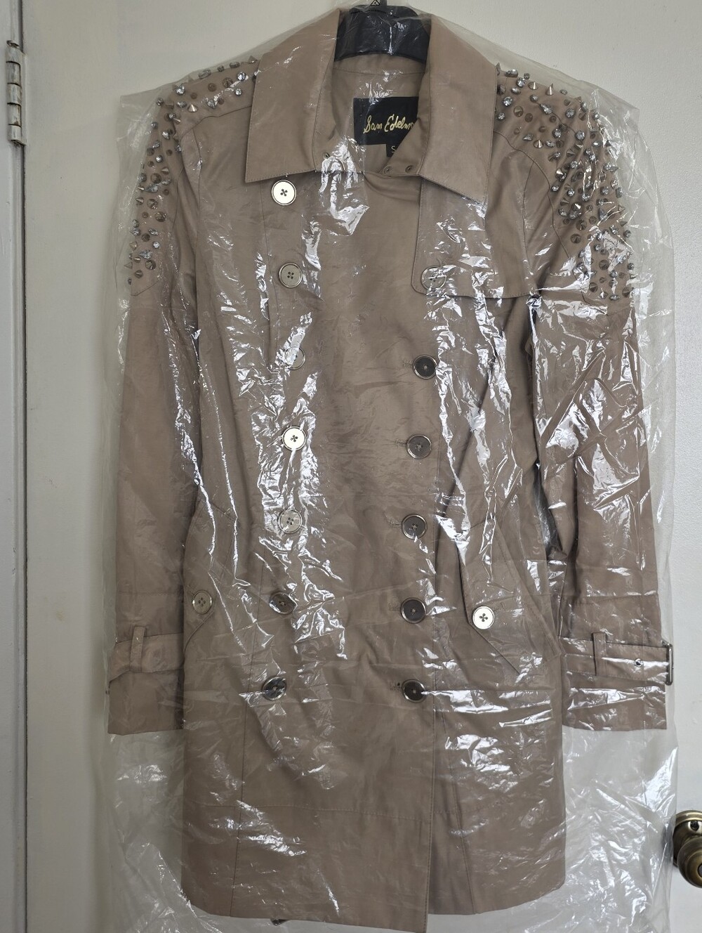Sam Edelman Taupe Studded Double-Breasted Trench Coat